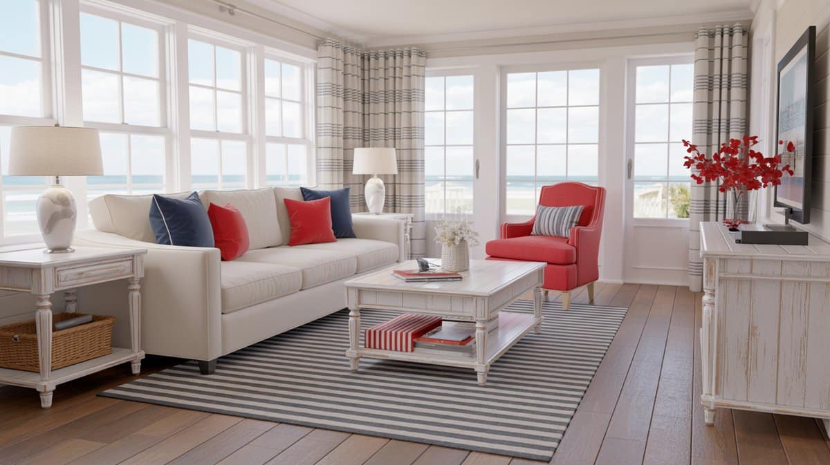 Cream sofa with navy and red pillows and a single red accent chair