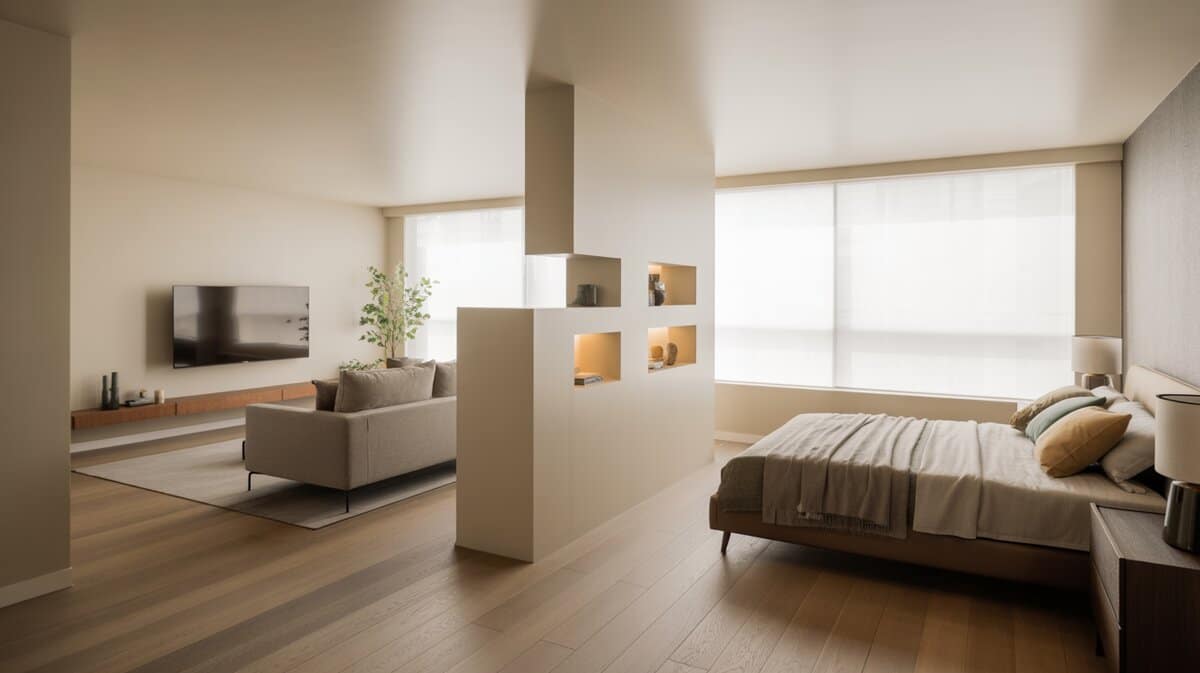 White partition wall with lit niches separating television living area from neutral bed