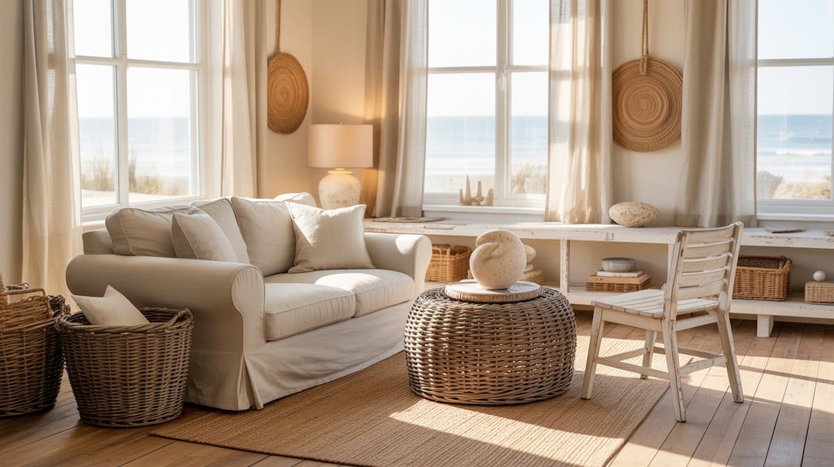 Beige slipcovered loveseat with a woven ottoman near sunlit beach view windows
