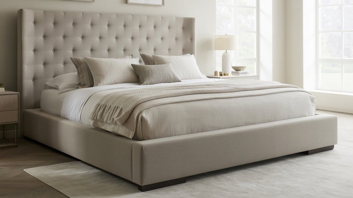 Upholstered platform bed with tall square tufted headboard and layered neutral bedding