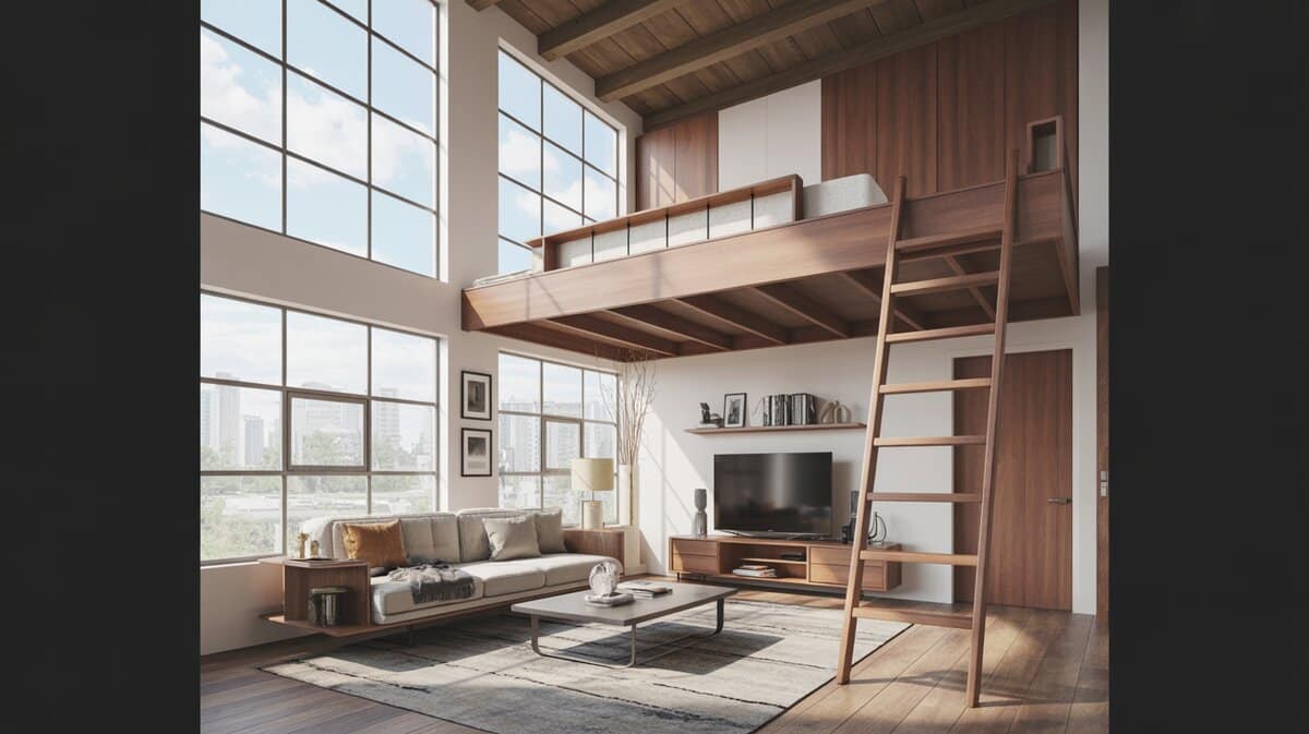 Elevated wood loft bed with ladder above living room sofa and tall windows