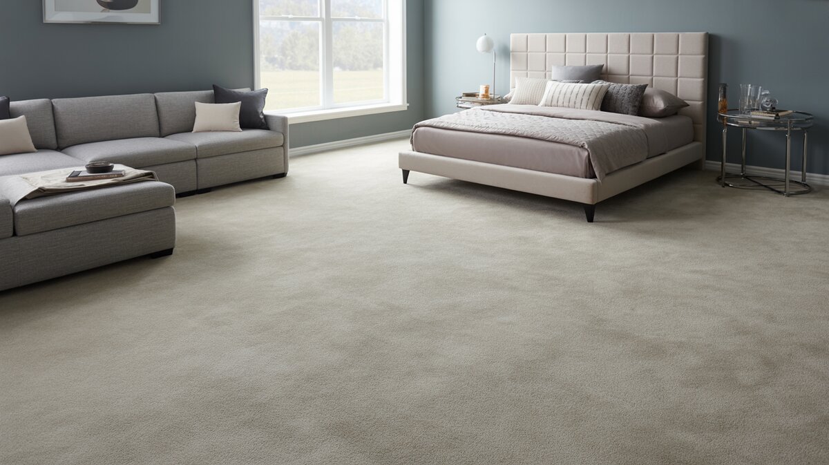 Gray walls and beige carpet with sectional sofa facing tufted upholstered platform bed