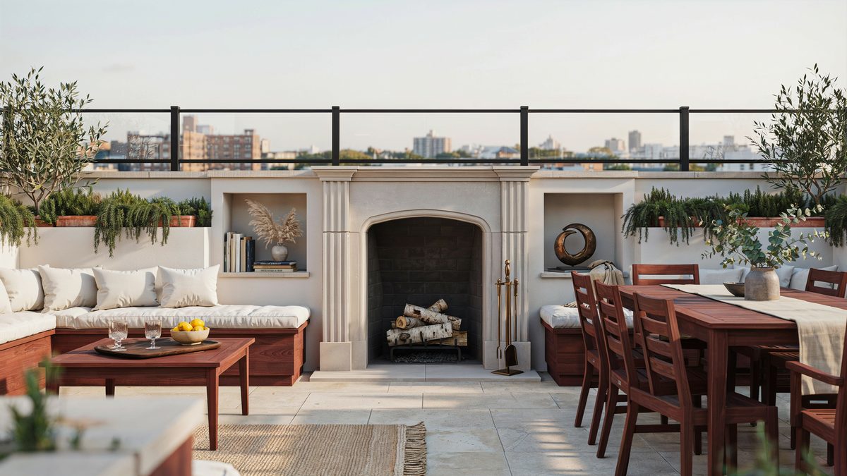 Rooftop patio with classic fireplace, display niches and mahogany seating