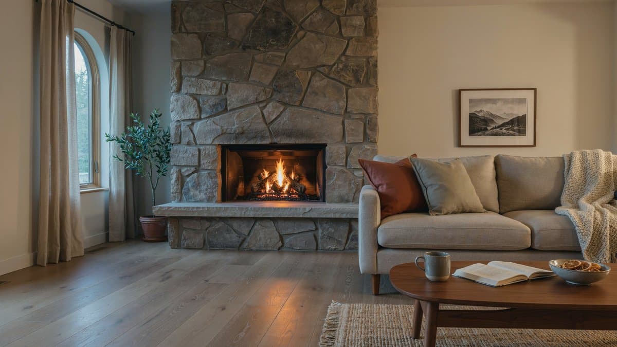 Pale ash laminate boards spread before a lit fieldstone fireplace