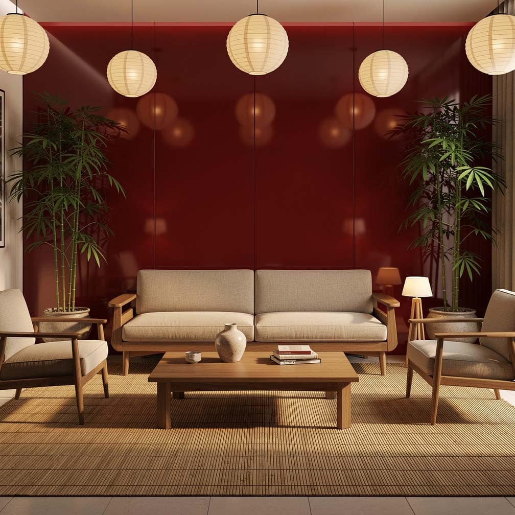 Asian-inspired living room with a rich red feature wall that is offset by plenty of lighting, a bamboo area rug, cream