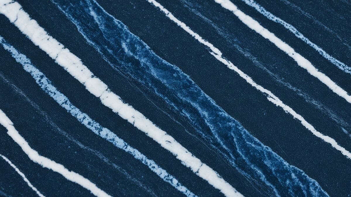 Azul Imperial granite surface with deep navy blue background and bold diagonal white streaks running across the polished stone
