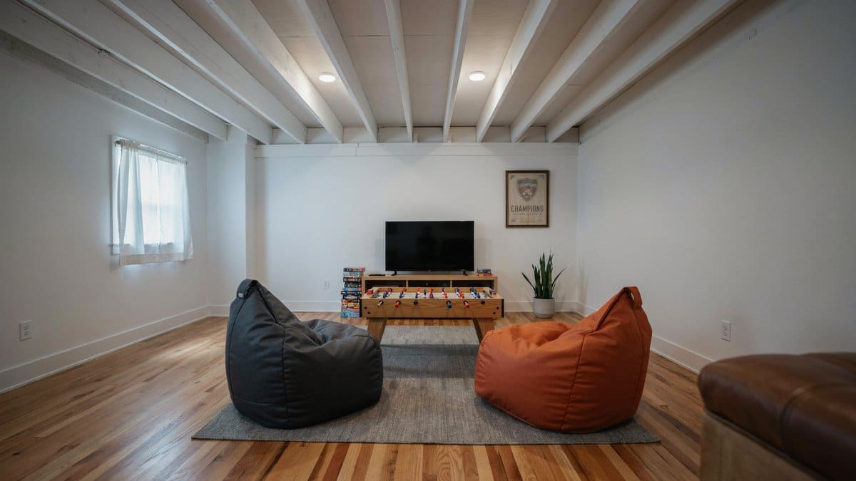 Golden engineered oak planks under two bean bags facing a television
