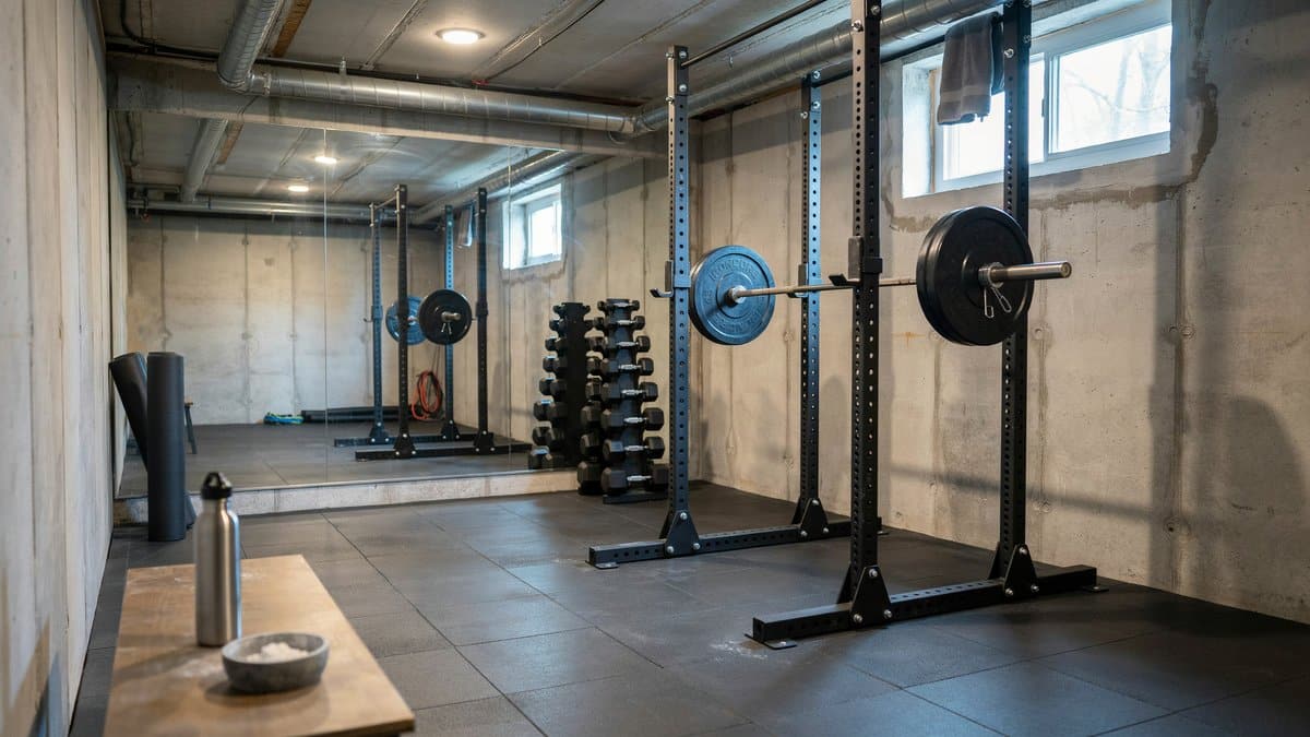 Charcoal rubber gym mats under a squat rack and dumbbell rack