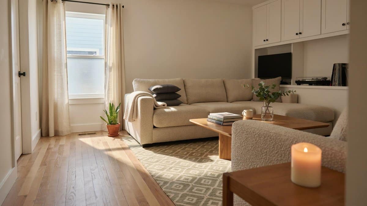 Pale oak plank floor in a sunlit basement sitting room with sectional