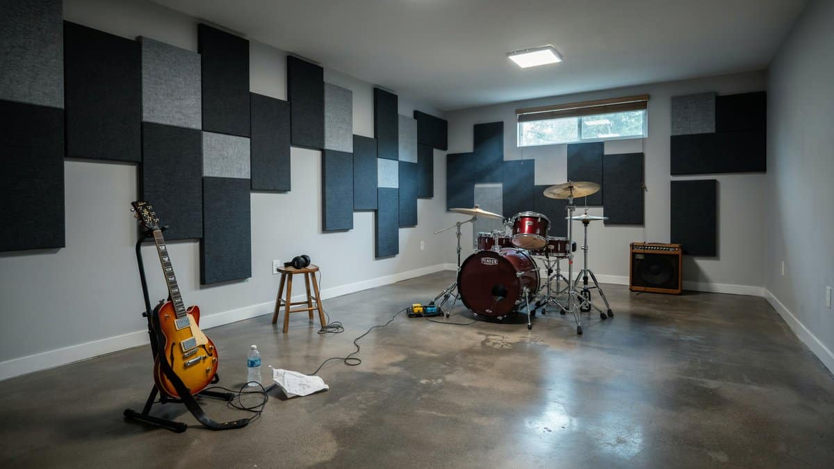Sealed concrete floor holding a drum kit and guitar near acoustic panels
