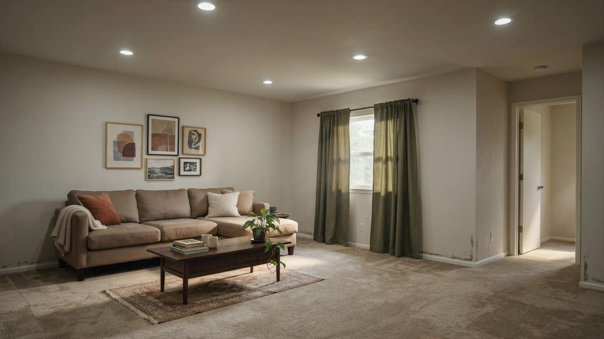 Soft taupe carpet under recessed cans with olive drapes and gallery wall