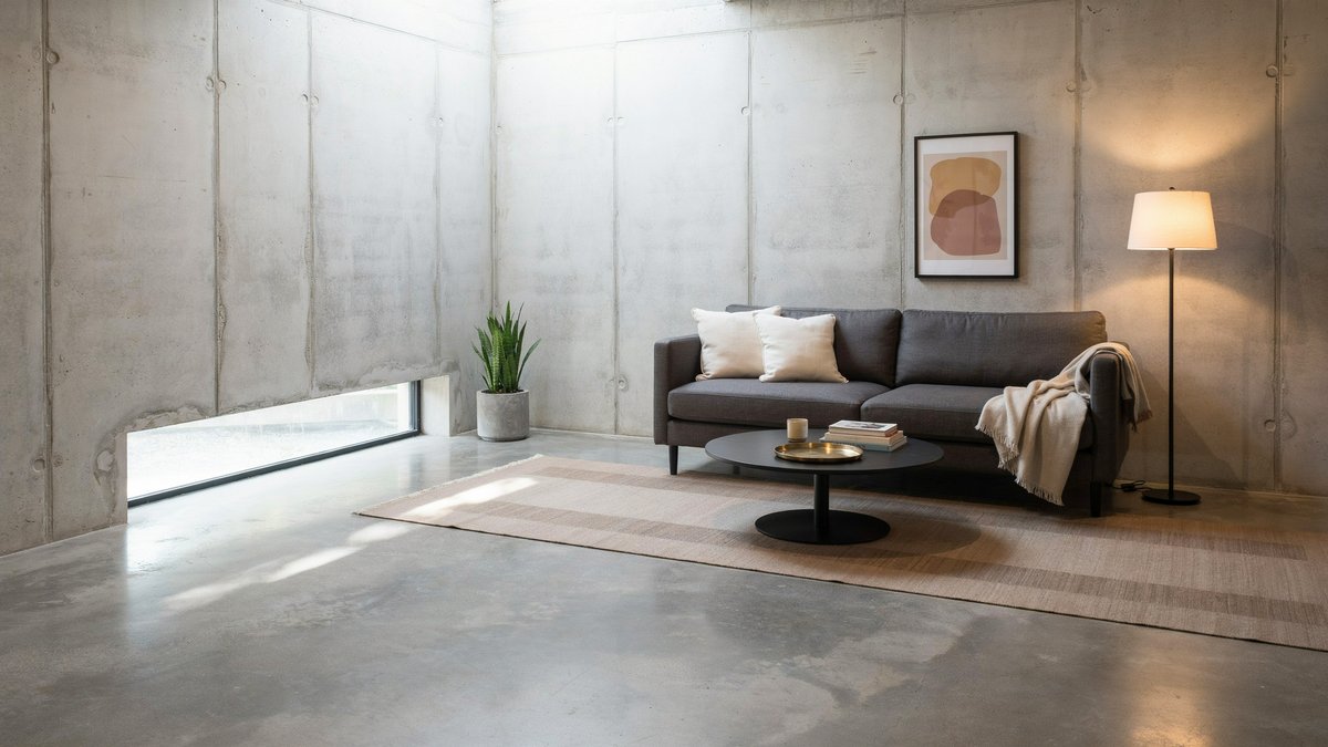 Polished concrete slab and board formed walls around a gray sofa