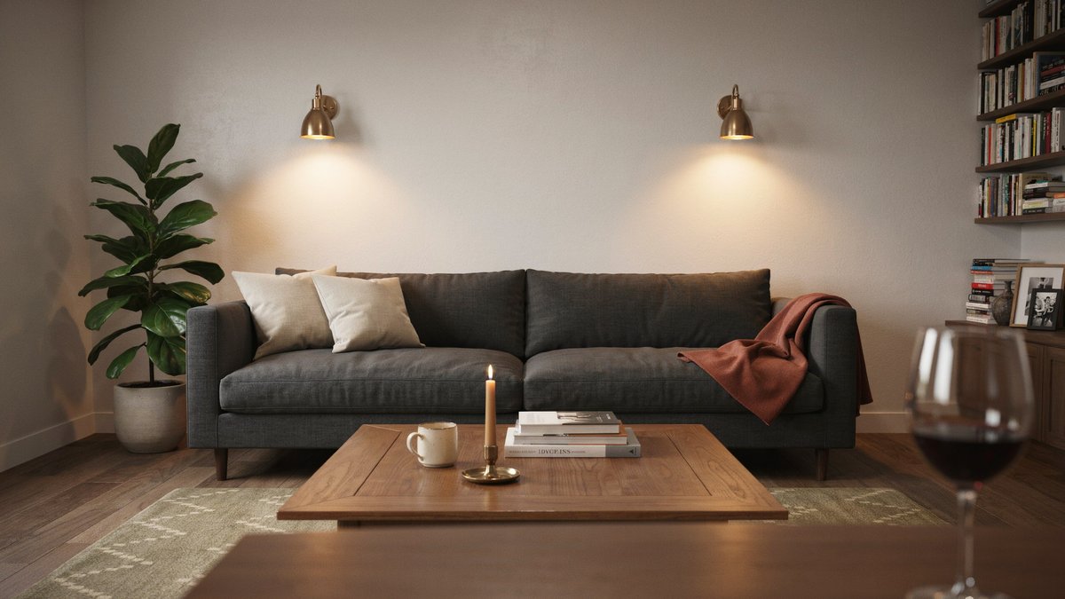 Dark maple engineered boards below a charcoal sofa and brass sconces