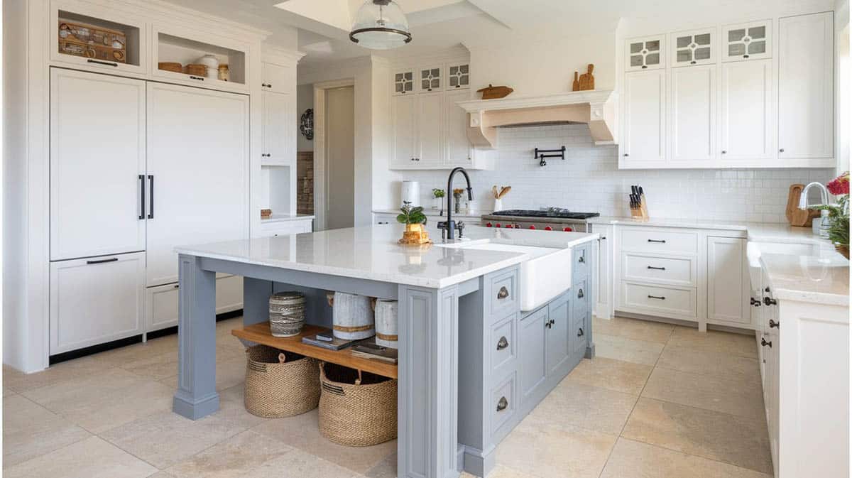 Beautiful kitchen with white cabinets and gray island