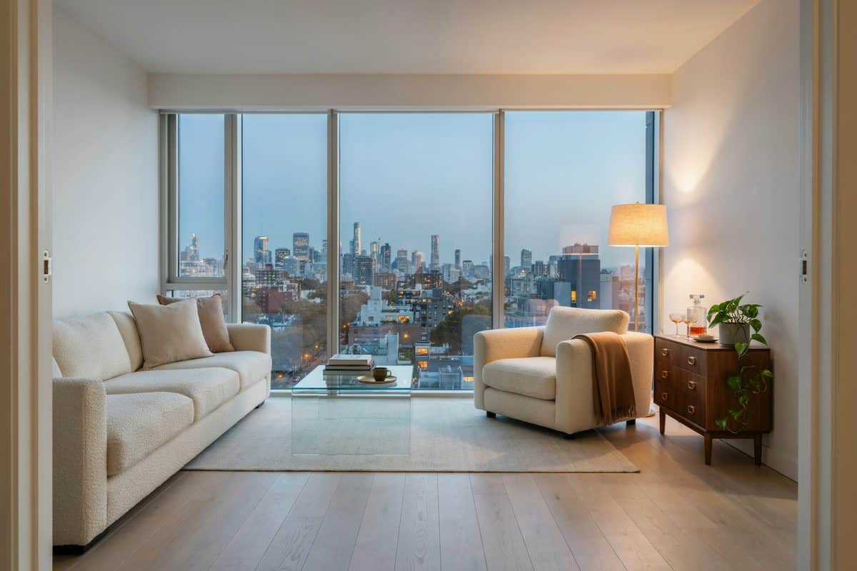 Cream sofa and armchair facing floor to ceiling windows with city views
