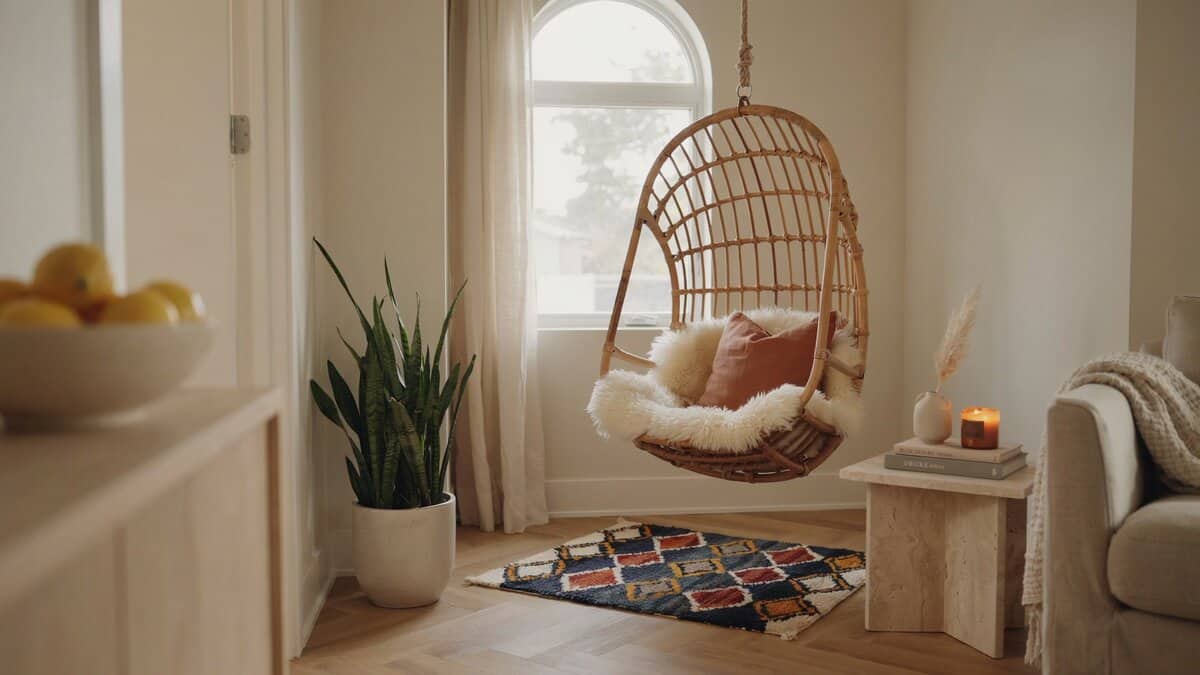 Rattan hanging chair with flokati cushion in a cozy living room corner