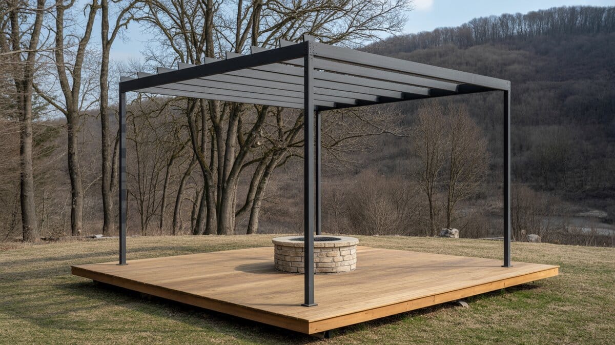 Minimalist black metal pergola over hardwood floating deck with stone fire pit ring in bare woodland setting