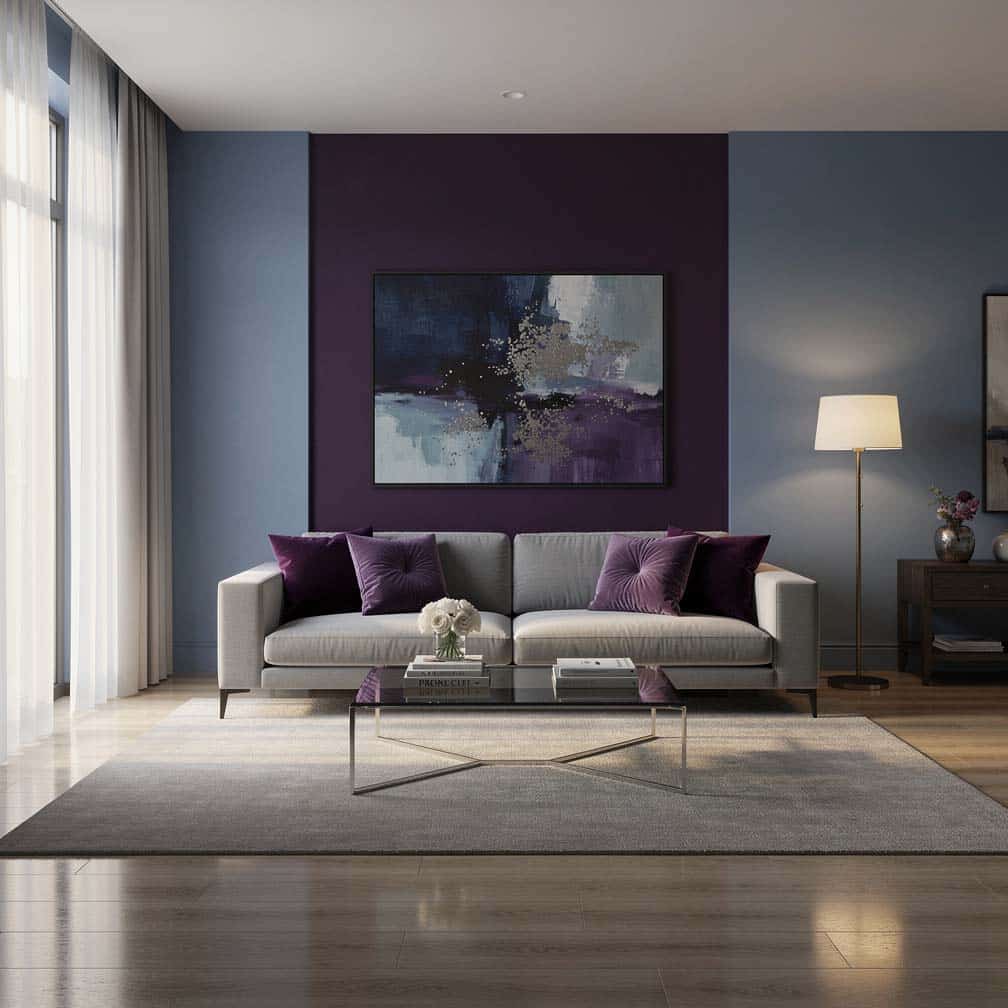 blue room, combined with a purple accent wall, makes for an alluring design. Purple decor pieces such as the large area