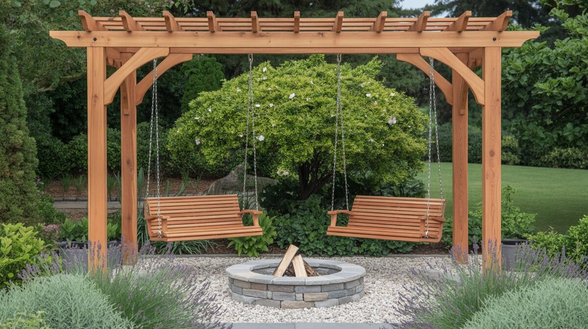Cedar arbor with two hanging wooden bench swings flanking a round stone fire pit in a garden setting
