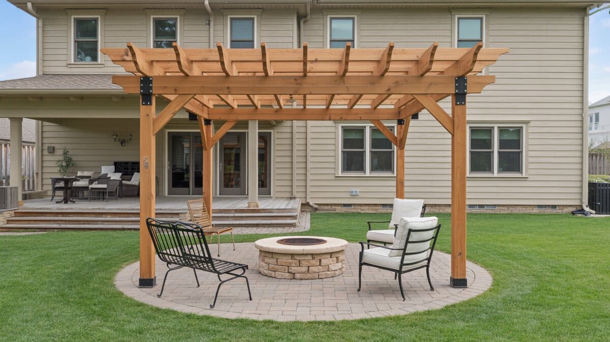 Cedar pergola attached to house with circular paver patio and round stacked stone fire pit ring