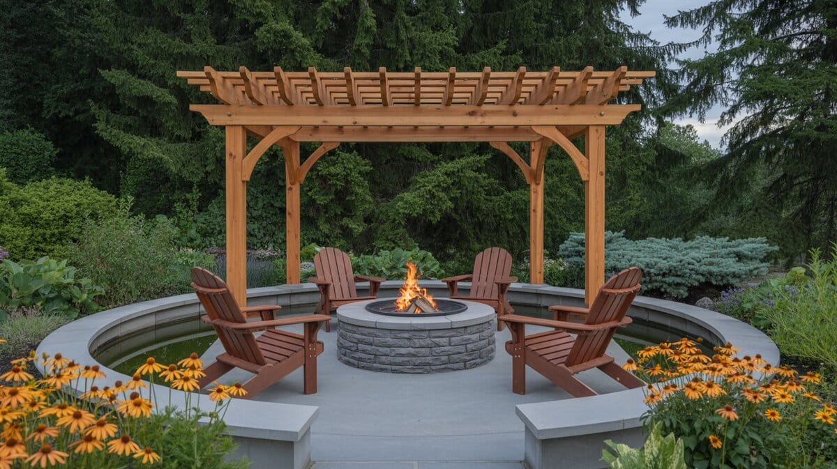 Cedar pergola over circular stone patio with fire pit surrounded by Adirondack chairs and orange coneflowers
