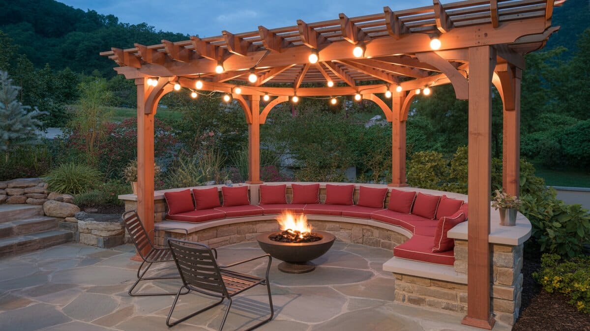 Cedar pergola with globe string lights over curved stone bench and round fire bowl at dusk