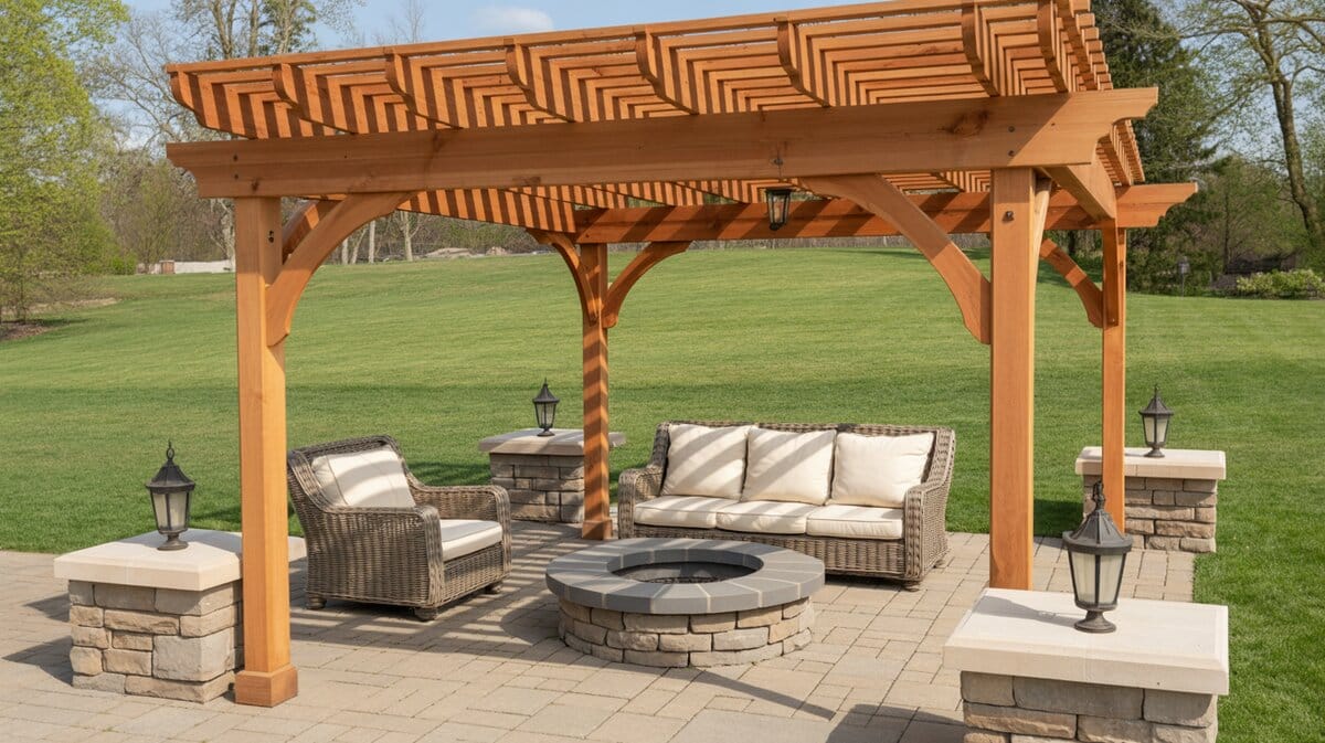 Cedar pergola with decorative lattice roof over paver patio with stone fire ring and wicker furniture
