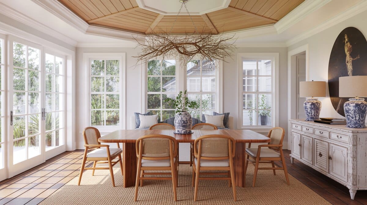 Coastal cottage dining room with octagonal wood tray ceiling and sculptural twig branch chandelier