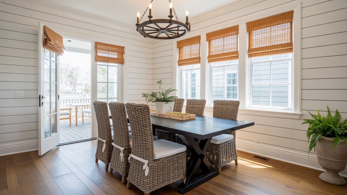 Coastal farmhouse dining room with white shiplap walls, wicker chairs and wagon wheel chandelier