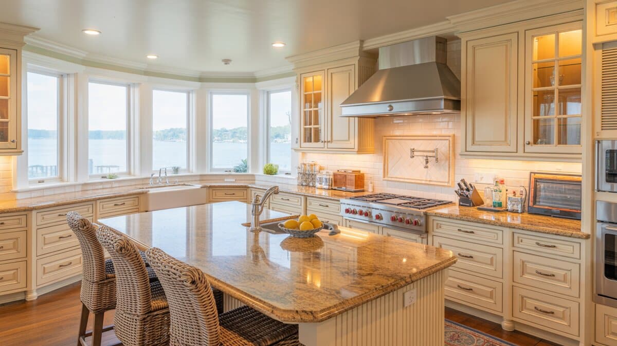 Bright coastal kitchen with cream shaker cabinets, golden Giallo Ornamental granite island, wicker chairs and water view