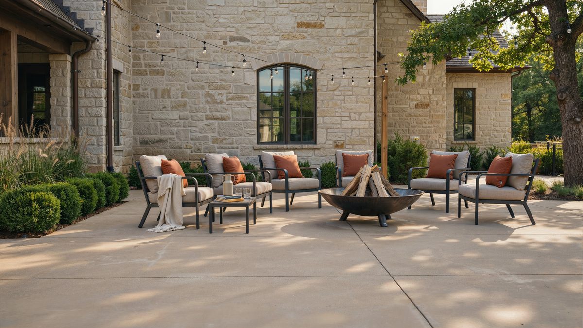 Concrete patio behind a stone home with seating around a bowl fire pit