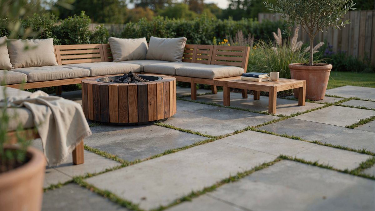 Concrete slab patio with grass joints, wood furniture and a wooden fire pit
