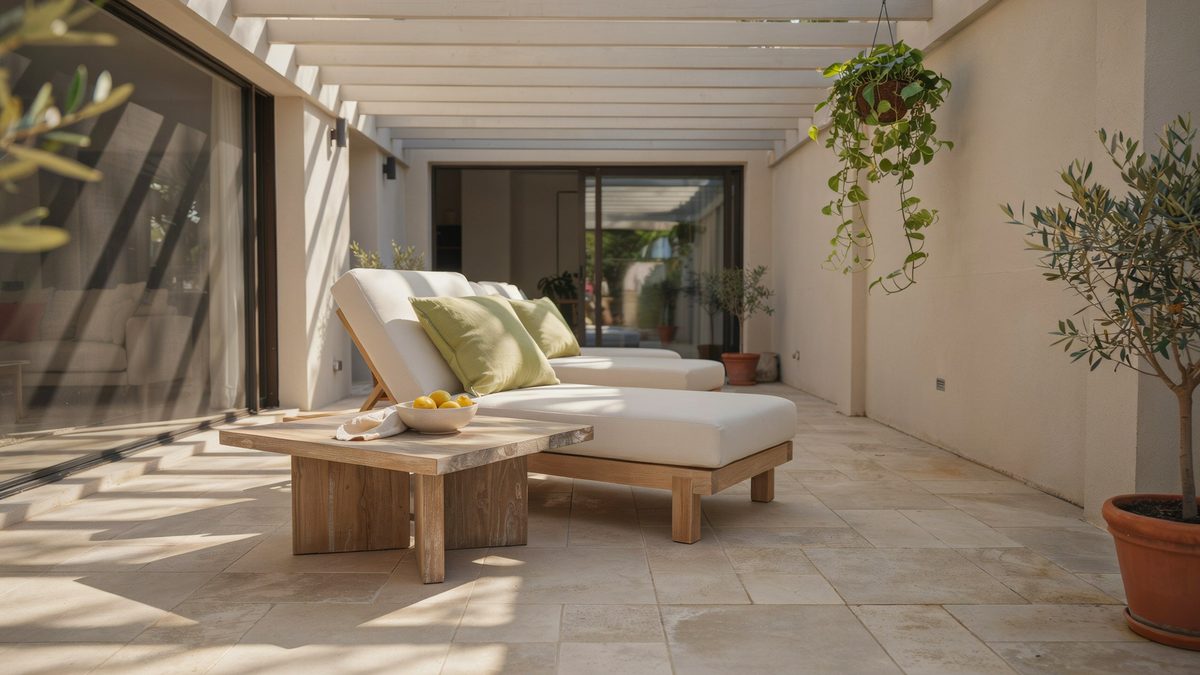 Minimalist covered patio with white lounge chair and oversized coffee table