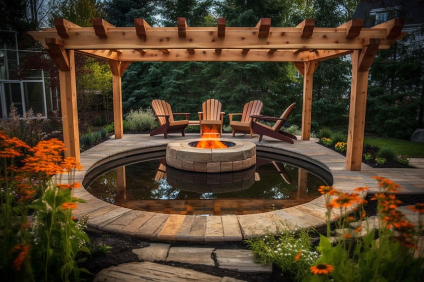 Contemporary fire pit in pond under wood pergola