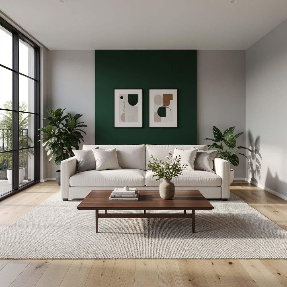 contemporary living room features a light gray primary paint color combined with a rich green color with attractive