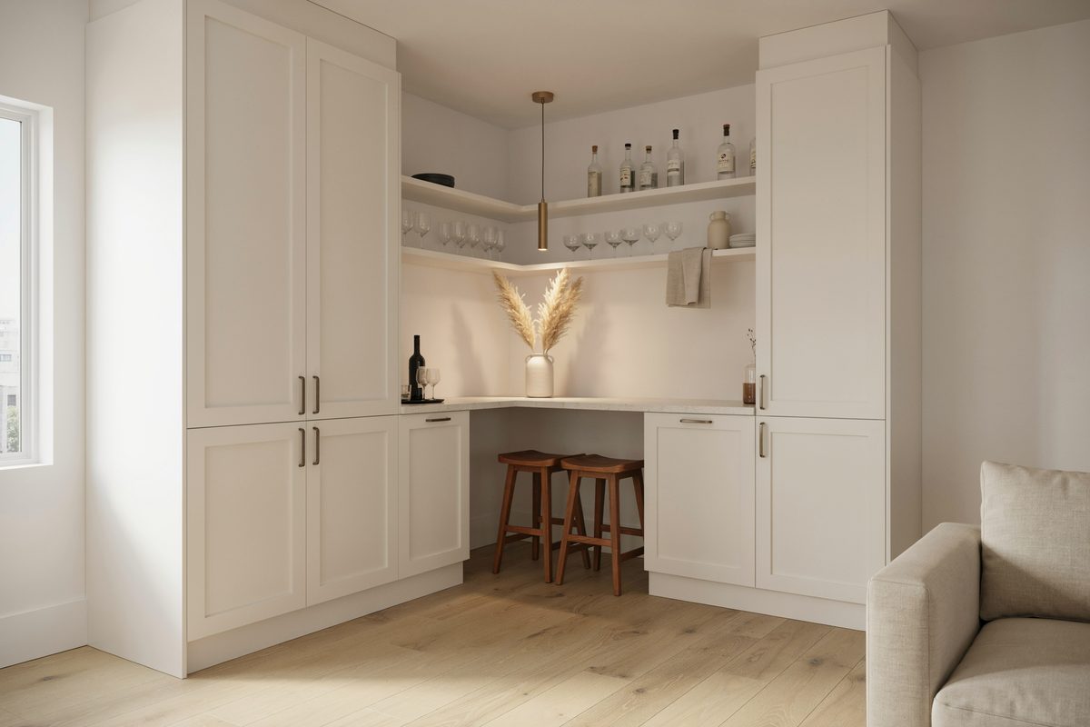 Pale corner bar cabinetry with floating shelves and two tucked wood stools