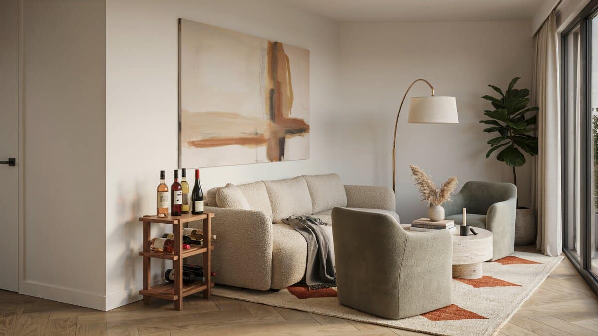 Small wine rack tucked into a contemporary living room corner near seating