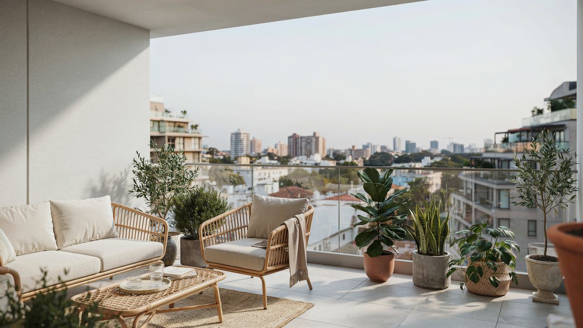 Balcony patio with glass railings, potted plants and pale beige rattan seating