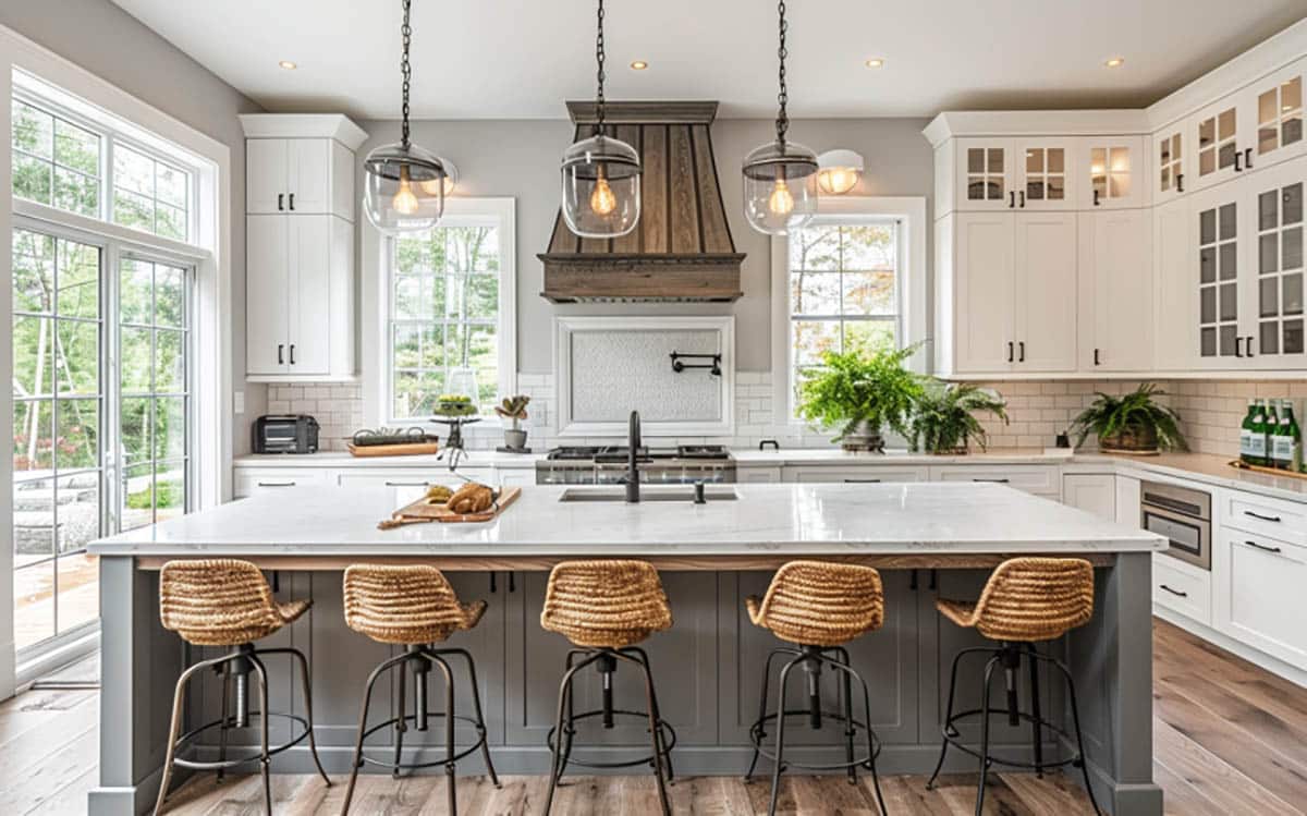 Gray painted island with quartz surface in stylish kitchen with seating for five