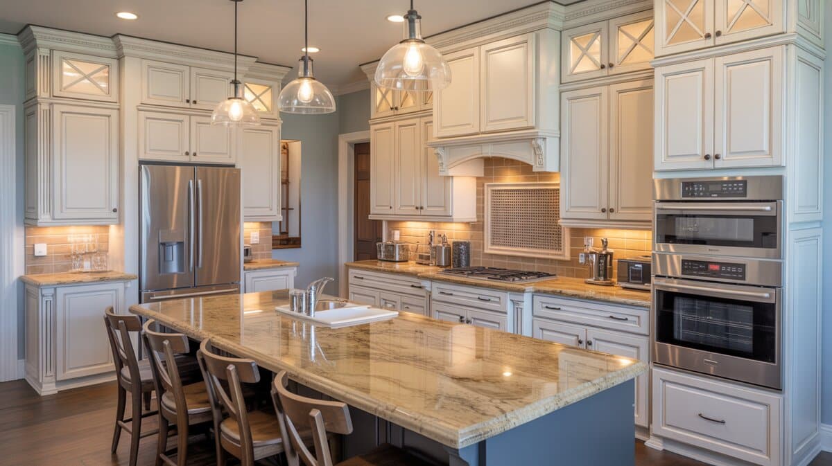 White raised-panel kitchen with gold granite island, three glass dome pendants, stainless appliances and dark wood floors