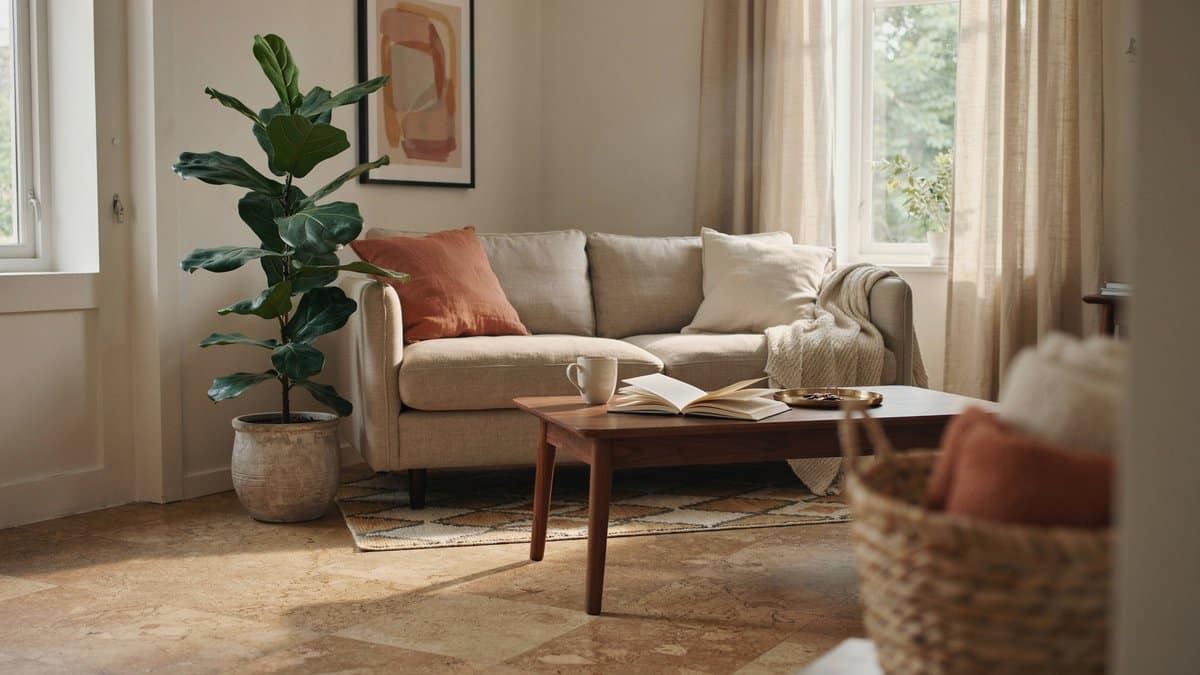 Honey cork floor edged by a patterned rug and fiddle leaf fig