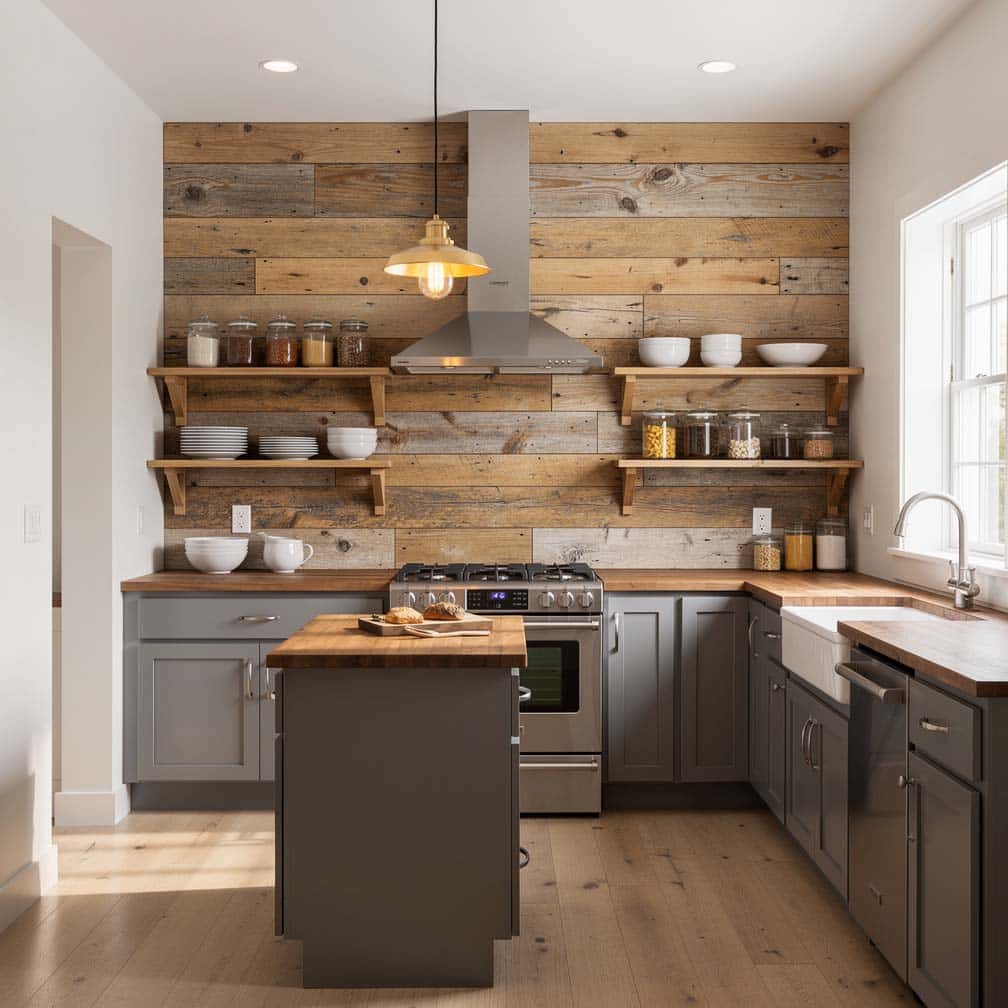 reclaimed wood feature wall makes the perfect complement to this cottage-style kitchen with gray base cabinets and white
