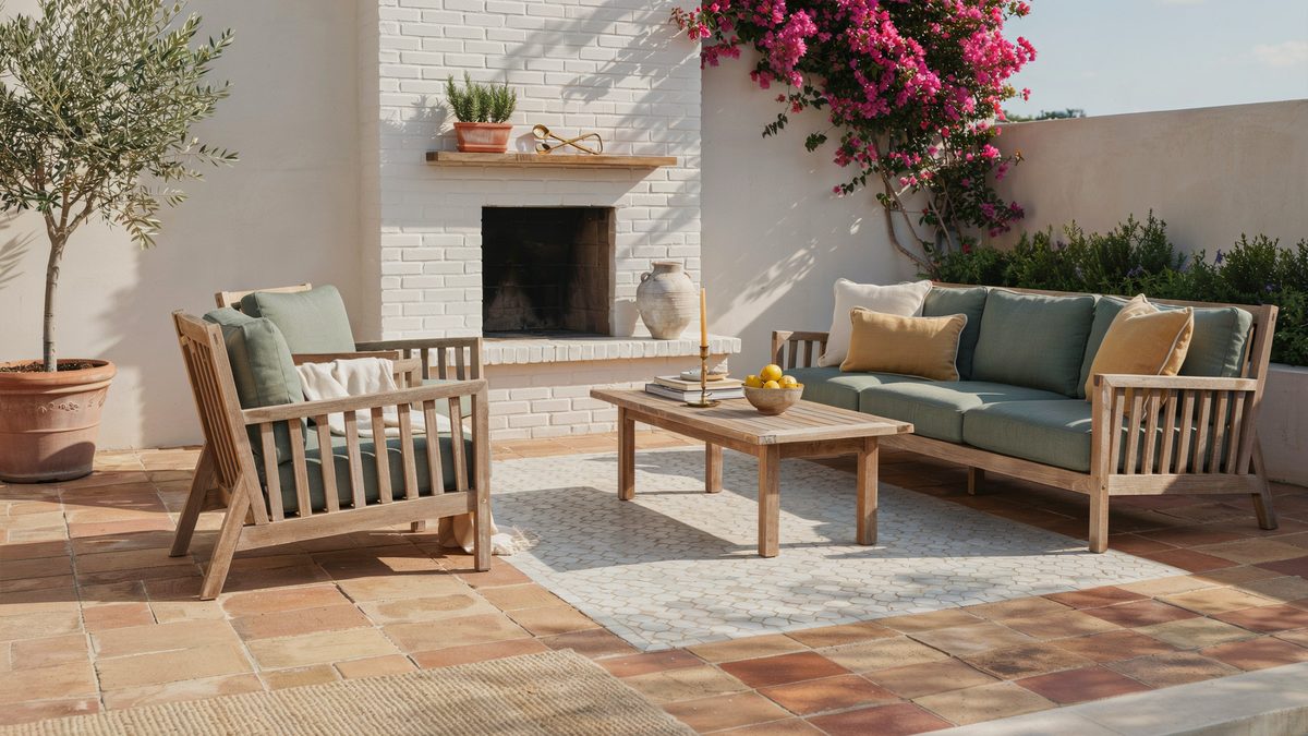 Terracotta paver patio with Moroccan tile inset and sage green cushions