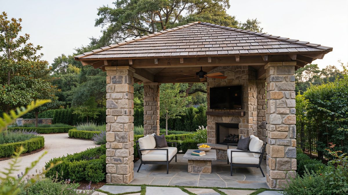 Freestanding garden pavilion with stone pillars, fireplace and mounted television