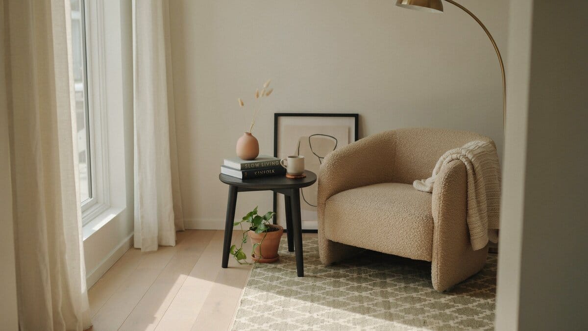 Boucle armchair and round side table styled in a living room corner