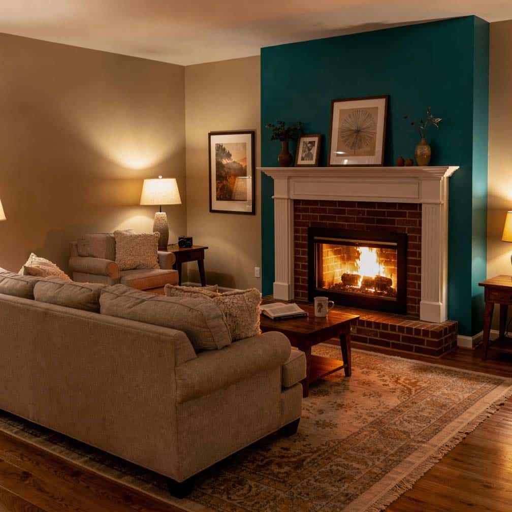 cozy living room design is painted primarily in beige with a turquoise statement wall. A brick fireplace with a white