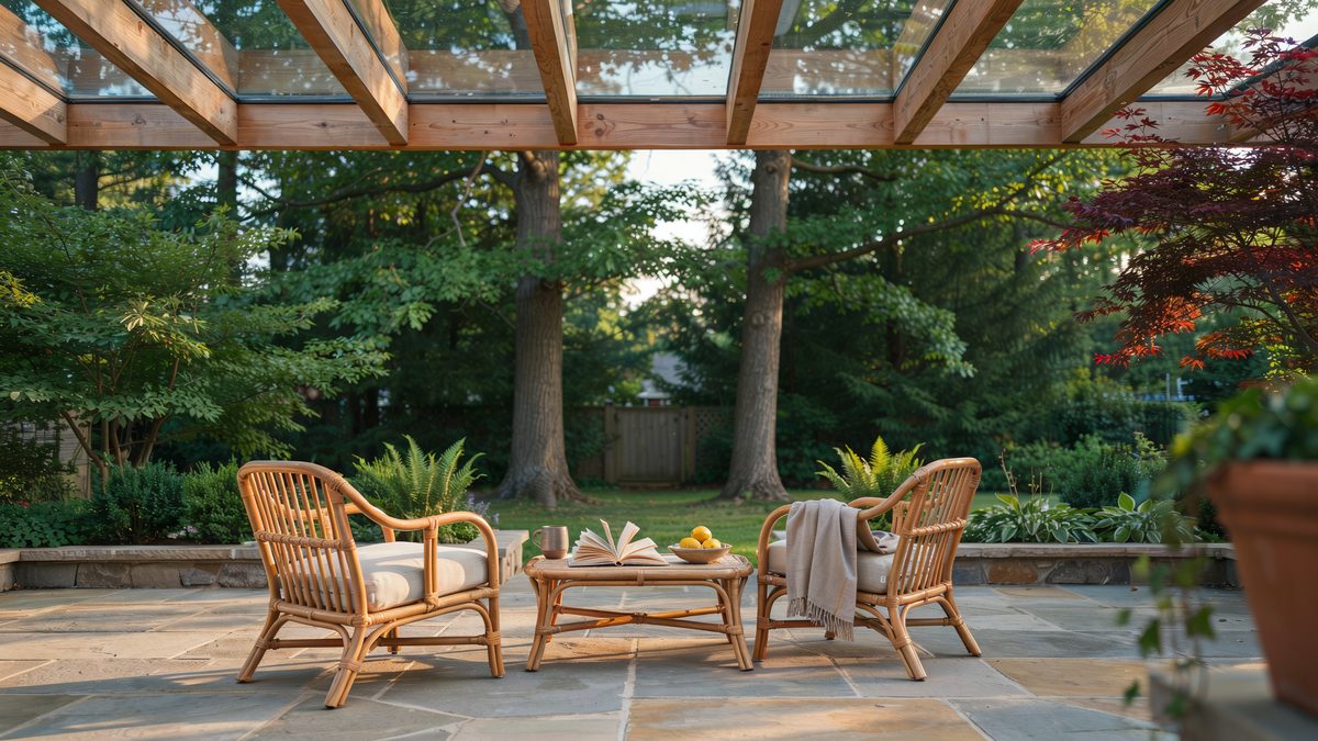 Craftsman patio with teak beams, clear glass roof and stone flooring