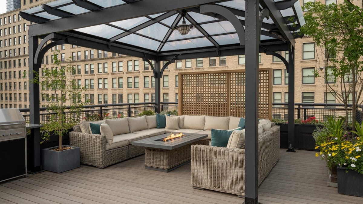 Dark metal pergola with glass roof on rooftop deck with wicker sectional and gas fire table above city