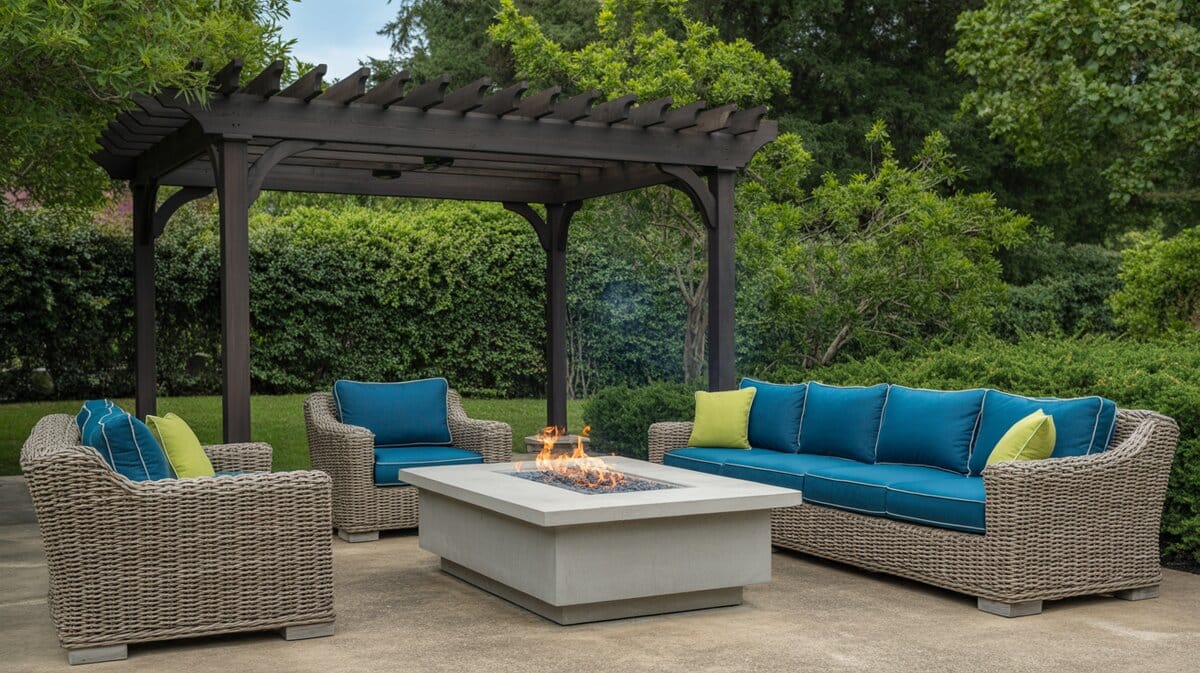 Dark pergola in lush garden with rectangular fire table surrounded by wicker sofas in vivid blue cushions