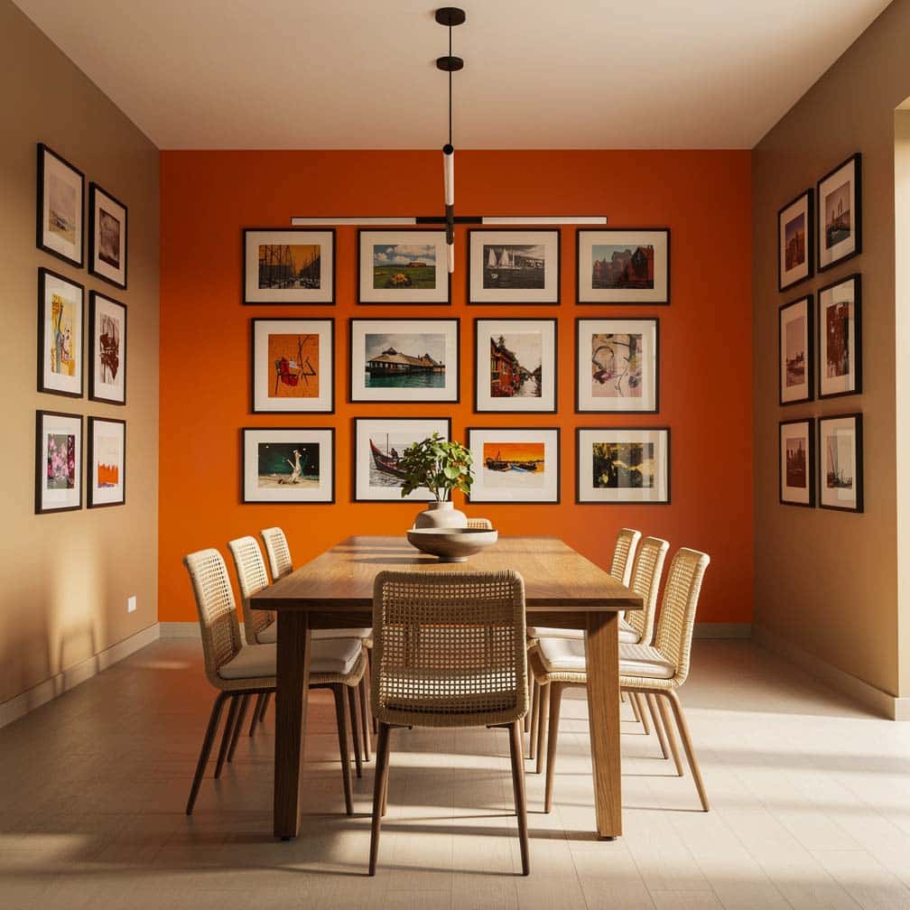 dining room pairs tan with a bright orange statement wall. Hung artwork helps calm the orange theme and tie in the white